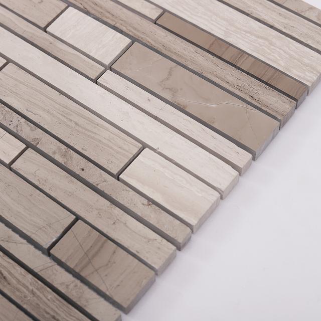 Wood Marble Linear Strips Subway Mosaic — mosaic thanh dài (linear) bằng đá marble vân gỗ