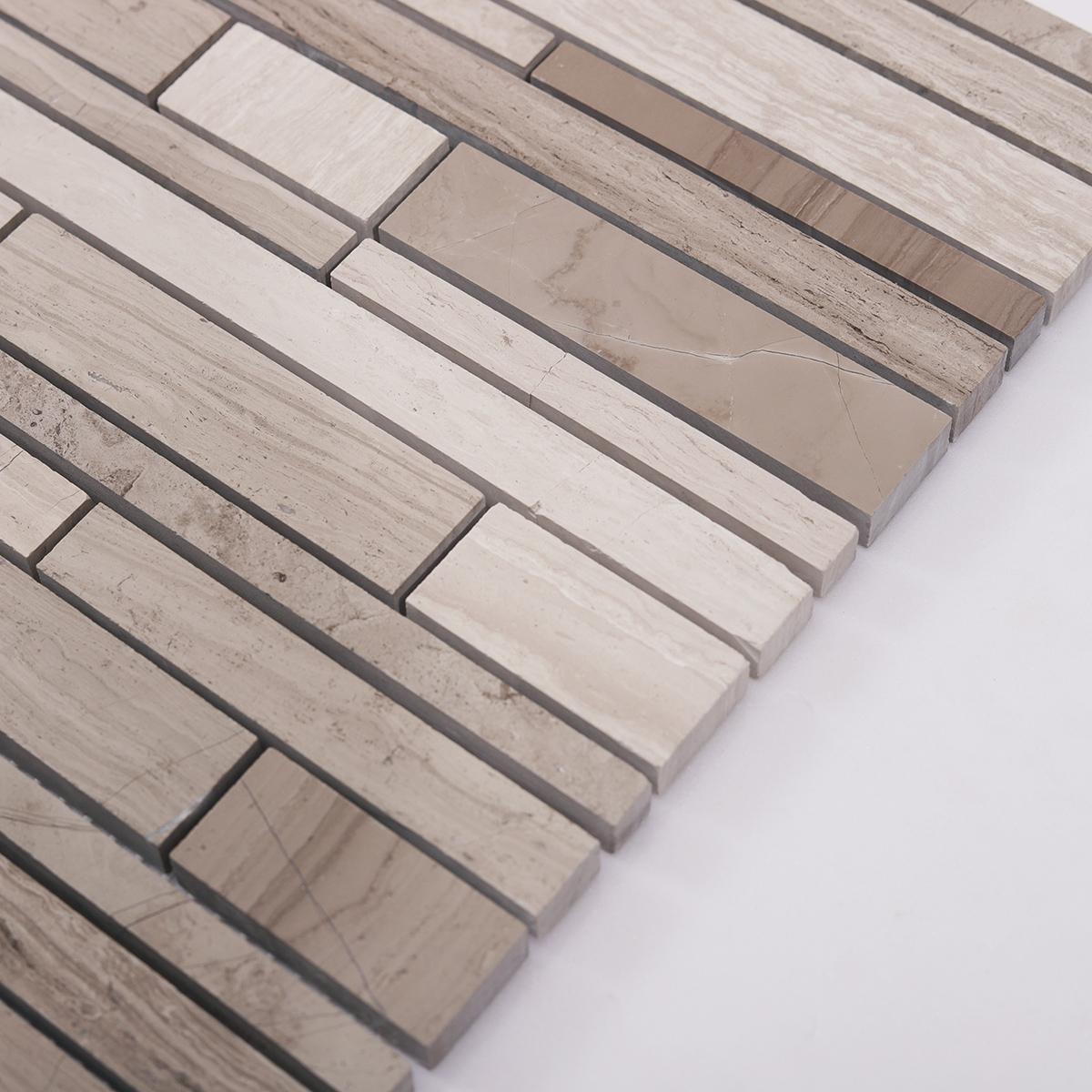 Wood Marble Linear Strips Subway Mosaic — mosaic thanh dài (linear) bằng đá marble vân gỗ