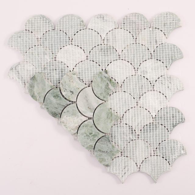 Emerald Green Marble Fish Scale Mosaic Tiles — mosaic vảy cá (fish scale) bằng đá marble xanh lục