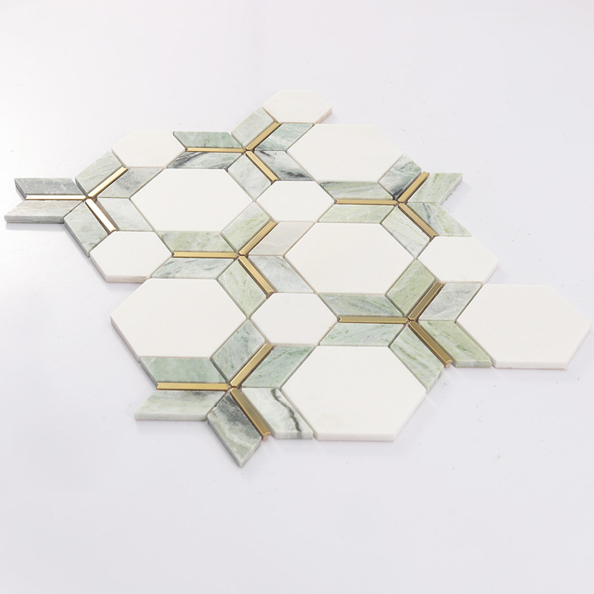 Green and White Hexagon Marble Mosaic Tile with Gold Metal Line — mosaic lục giác bằng đá marble trắng & xanh lục