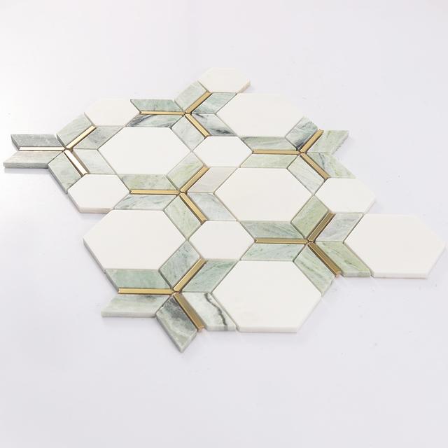 Green and White Hexagon Marble Mosaic Tile with Gold Metal Line — mosaic lục giác bằng đá marble trắng & xanh lục