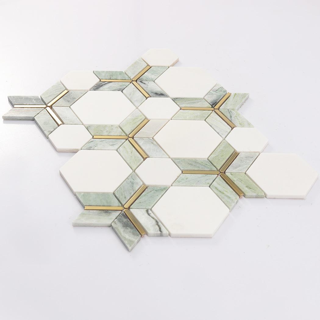Green and White Hexagon Marble Mosaic Tile with Gold Metal Line — mosaic lục giác bằng đá marble trắng & xanh lục