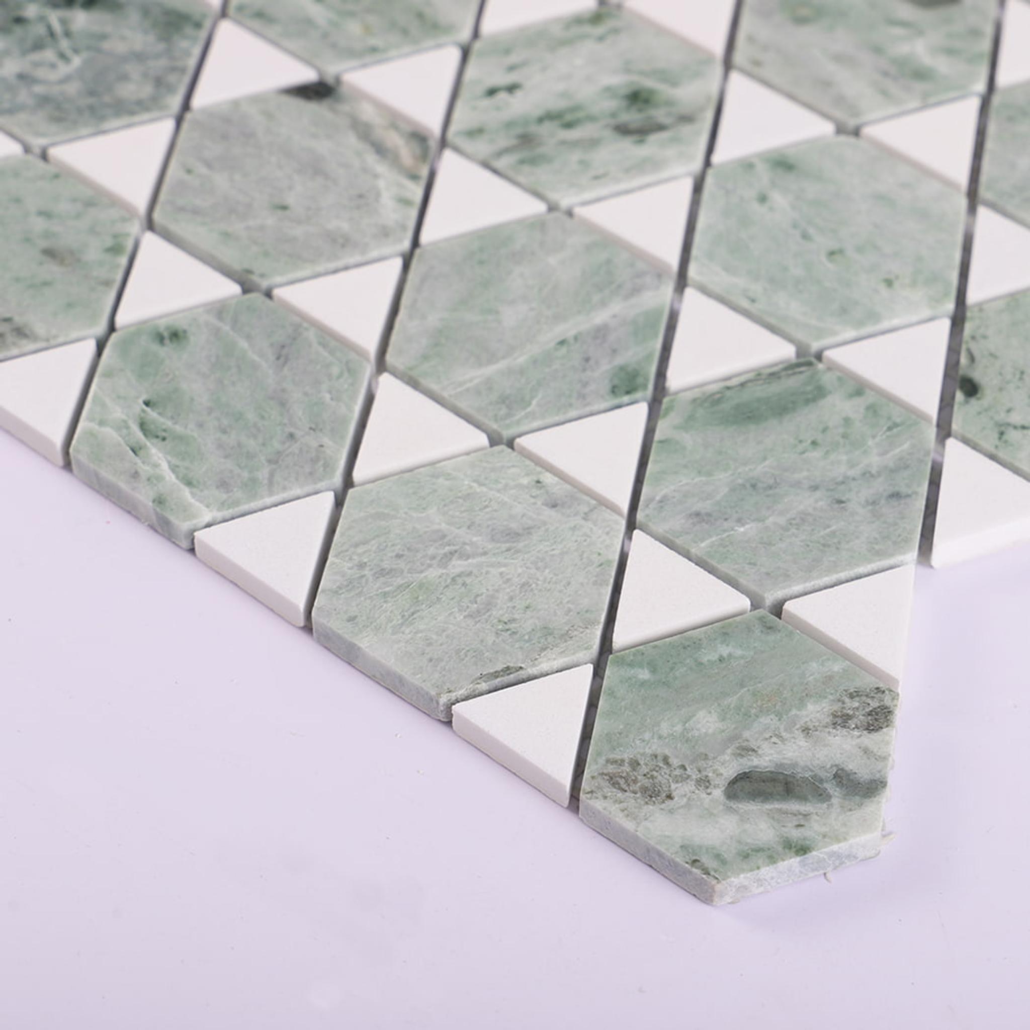 Green and White Geometric Marble Mosaic Tile — mosaic ghép nghệ thuật bằng đá marble trắng & xanh lục