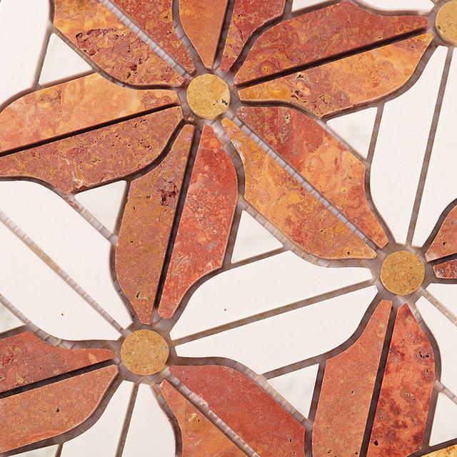 Red Travertine and White Flower Marble Floor Tile — mosaic hoa văn waterjet bằng đá travertine trắng & đỏ