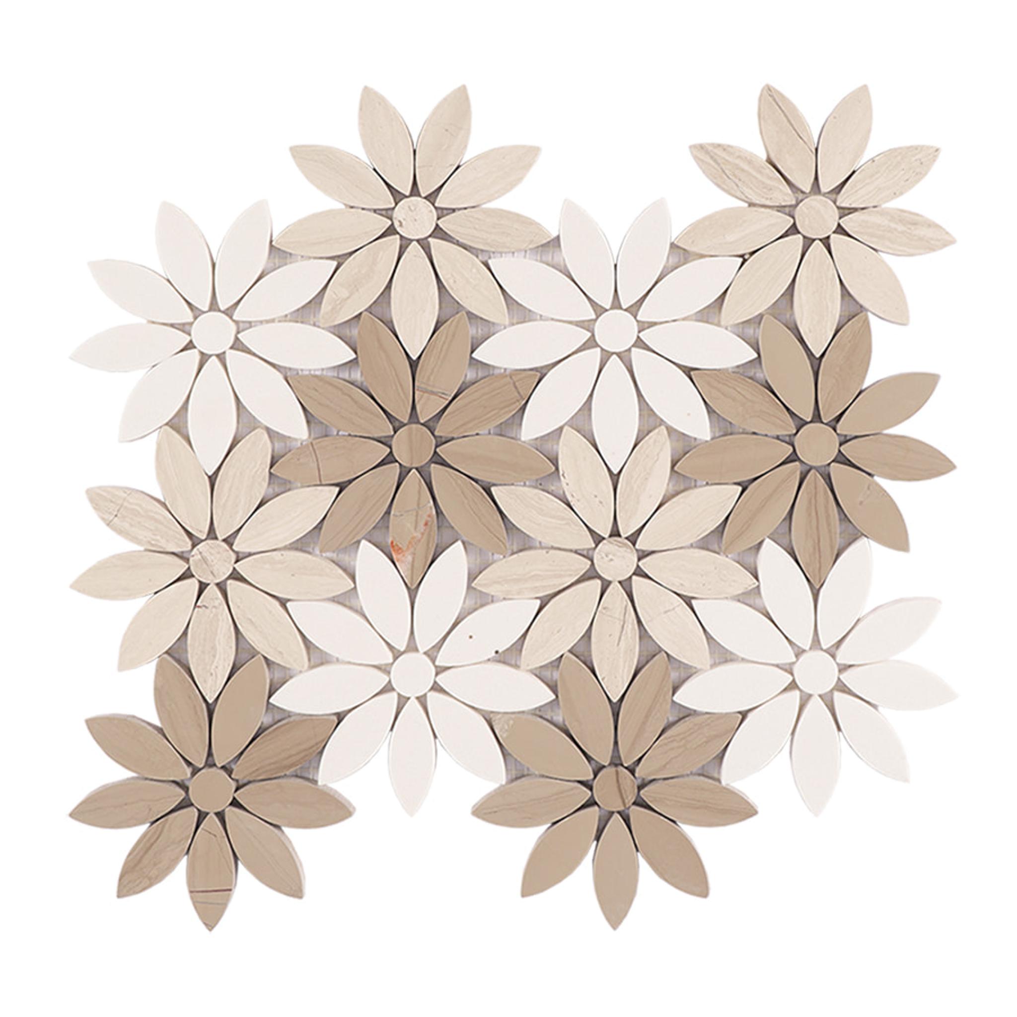 Wooden Beige and White Flower Marble Mosaic Tile — mosaic hoa văn waterjet bằng đá marble trắng & beige
