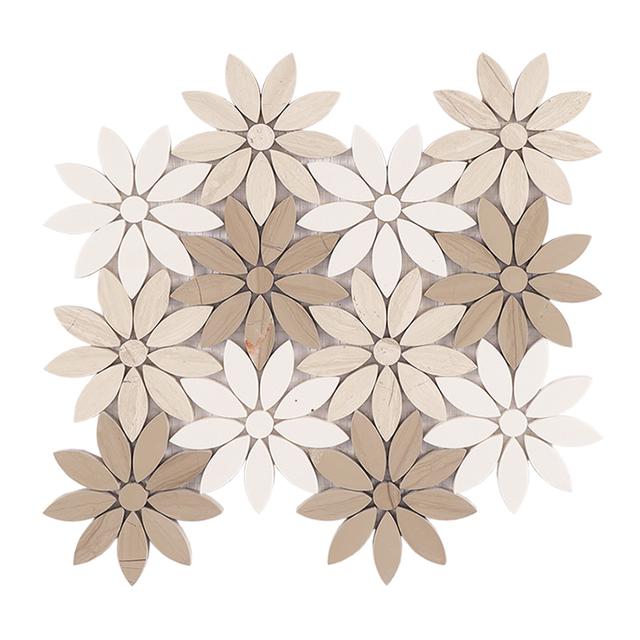 Wooden Beige and White Flower Marble Mosaic Tile — mosaic hoa văn waterjet bằng đá marble trắng & beige