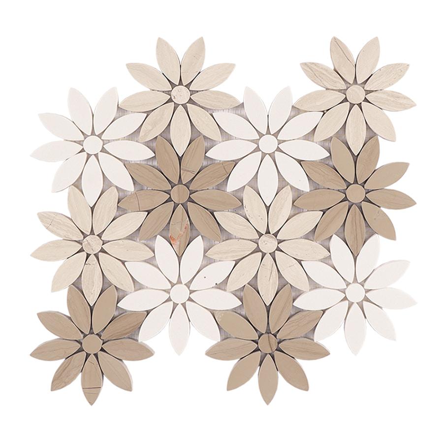Wooden Beige and White Flower Marble Mosaic Tile — mosaic hoa văn waterjet bằng đá marble trắng & beige