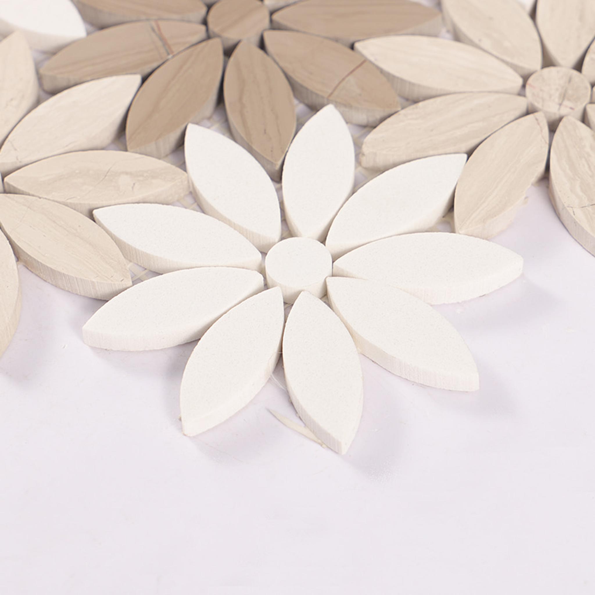 Wooden Beige and White Flower Marble Mosaic Tile — mosaic hoa văn waterjet bằng đá marble trắng & beige
