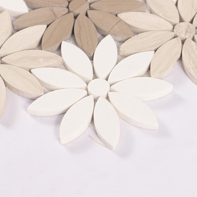 Wooden Beige and White Flower Marble Mosaic Tile — mosaic hoa văn waterjet bằng đá marble trắng & beige