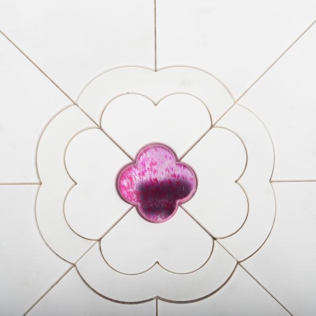 White Marble  Pink Quatrefoil Flower Waterjet Tile — mosaic hoa văn waterjet bằng đá marble trắng & hồng