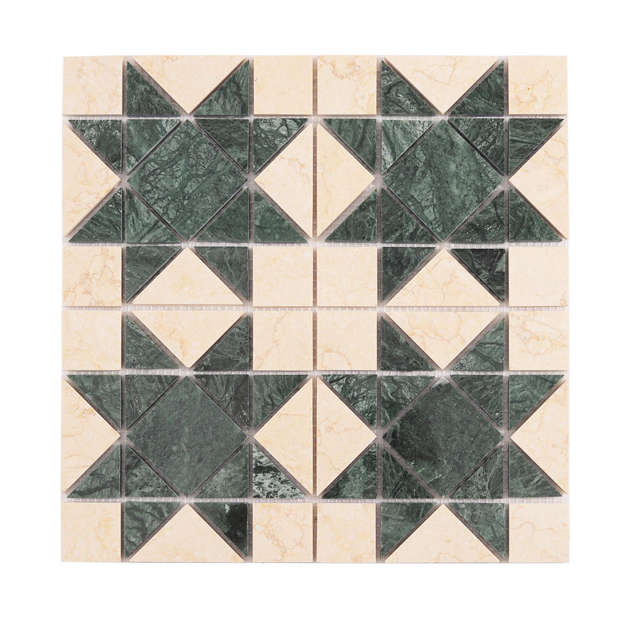 Green Mixed Beige Stars Marble Mosaic Tiles — mosaic ghép nghệ thuật bằng đá marble xanh lục & beige