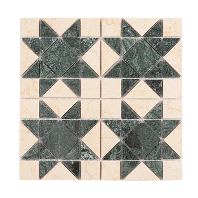 Green Mixed Beige Stars Marble Mosaic Tiles — mosaic ghép nghệ thuật bằng đá marble xanh lục & beige