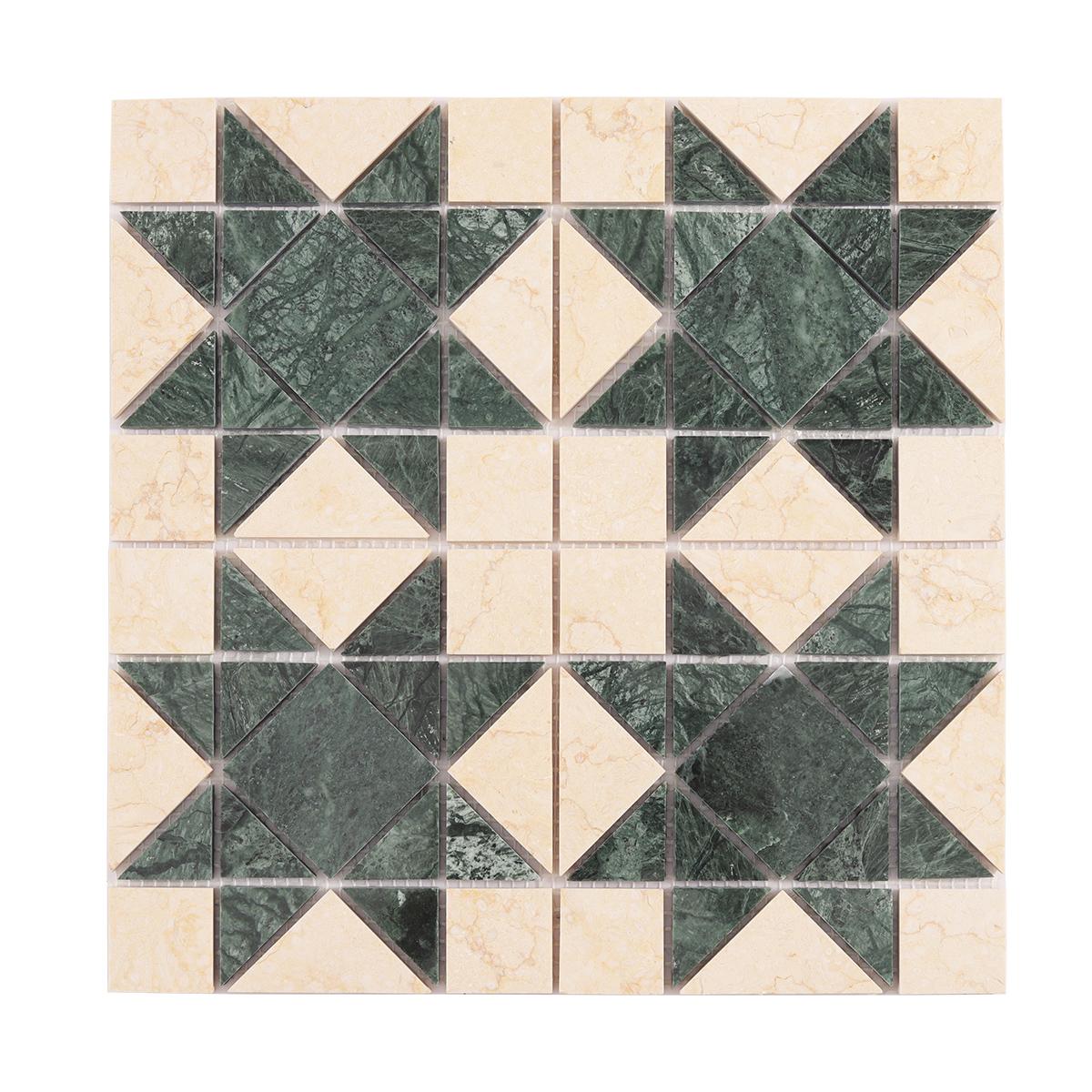 Green Mixed Beige Stars Marble Mosaic Tiles — mosaic ghép nghệ thuật bằng đá marble xanh lục & beige
