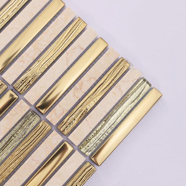 Gold Glass and Beige Marble Stack Linear Mosaic Tile for Kitchen an… — mosaic thanh dài (linear) bằng đá marble beige & vàng