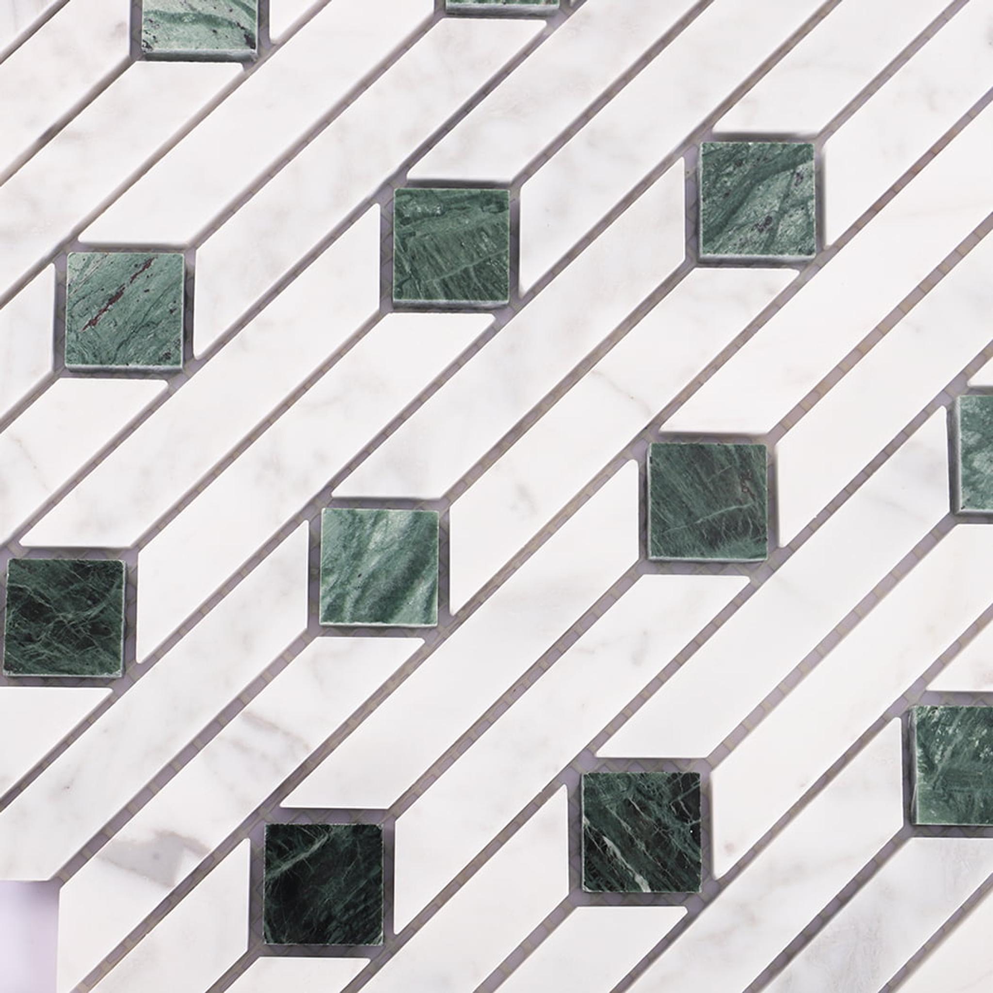 White and Green Marble Mosaic Floor Tile Geometric Pattern — mosaic ghép nghệ thuật bằng đá marble trắng & xanh lục
