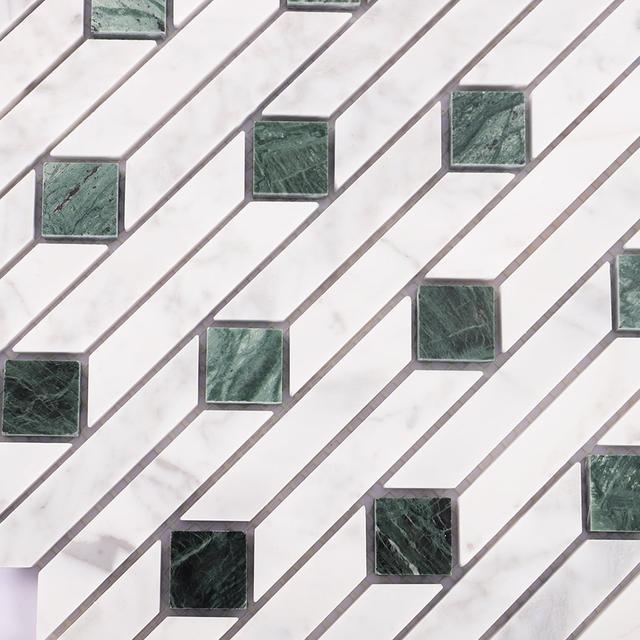 White and Green Marble Mosaic Floor Tile Geometric Pattern — mosaic ghép nghệ thuật bằng đá marble trắng & xanh lục