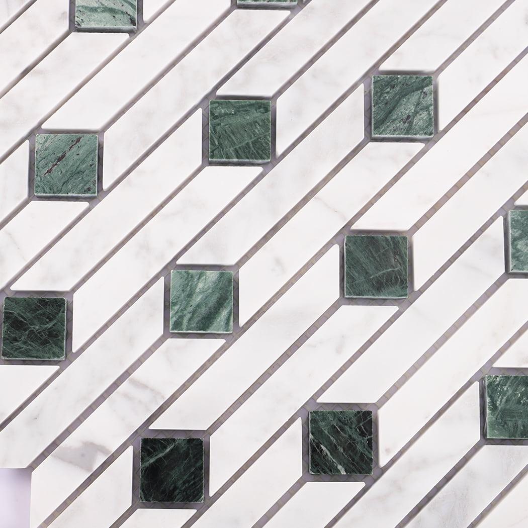 White and Green Marble Mosaic Floor Tile Geometric Pattern — mosaic ghép nghệ thuật bằng đá marble trắng & xanh lục