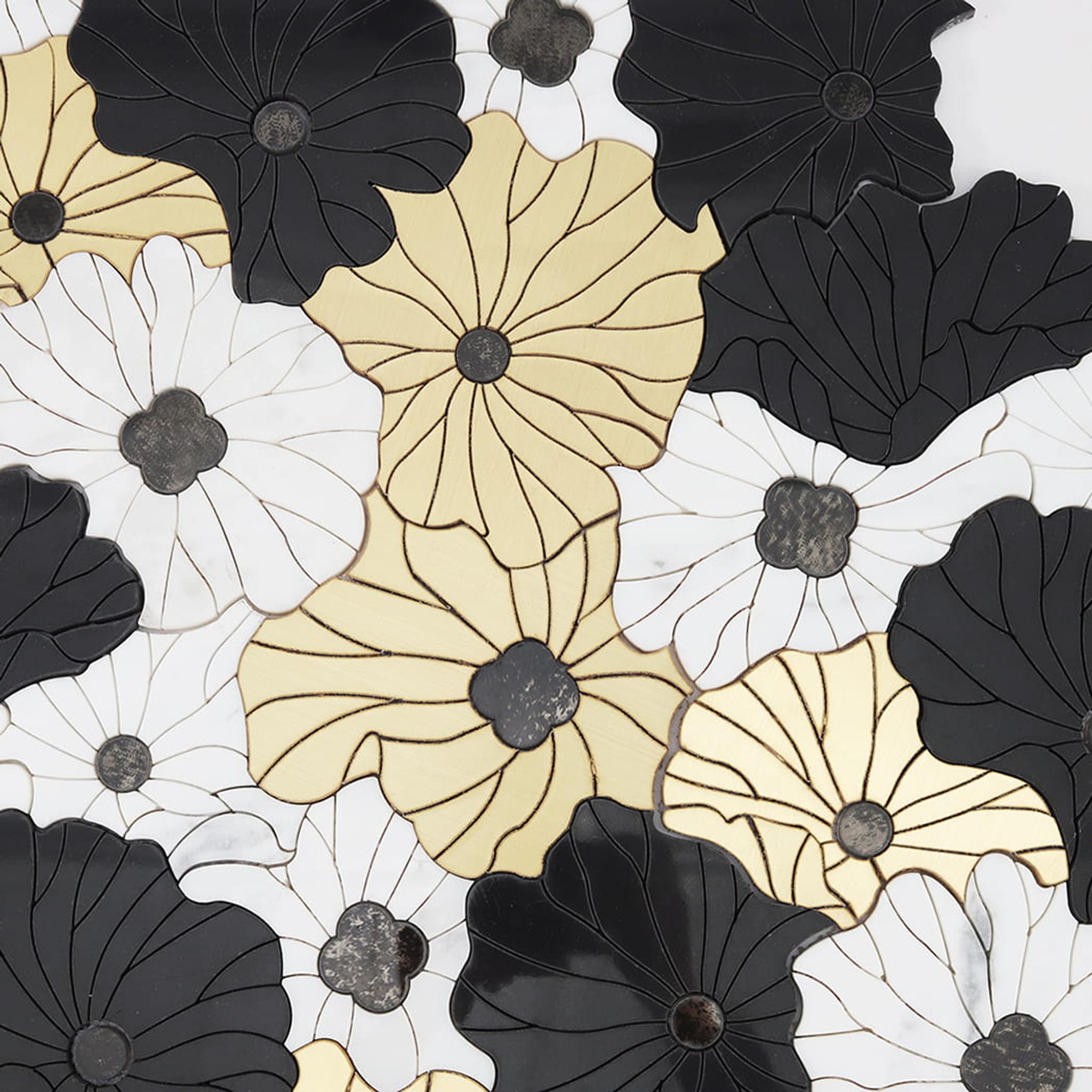 Marble and Brass Waterjet Flower Tile with Glass Decorate Mosaic Art — mosaic hoa văn waterjet bằng đá marble tự nhiên