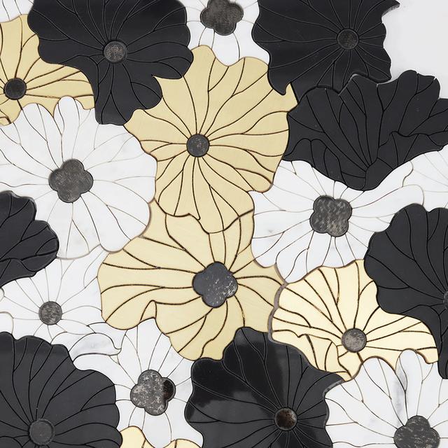 Marble and Brass Waterjet Flower Tile with Glass Decorate Mosaic Art — mosaic hoa văn waterjet bằng đá marble tự nhiên