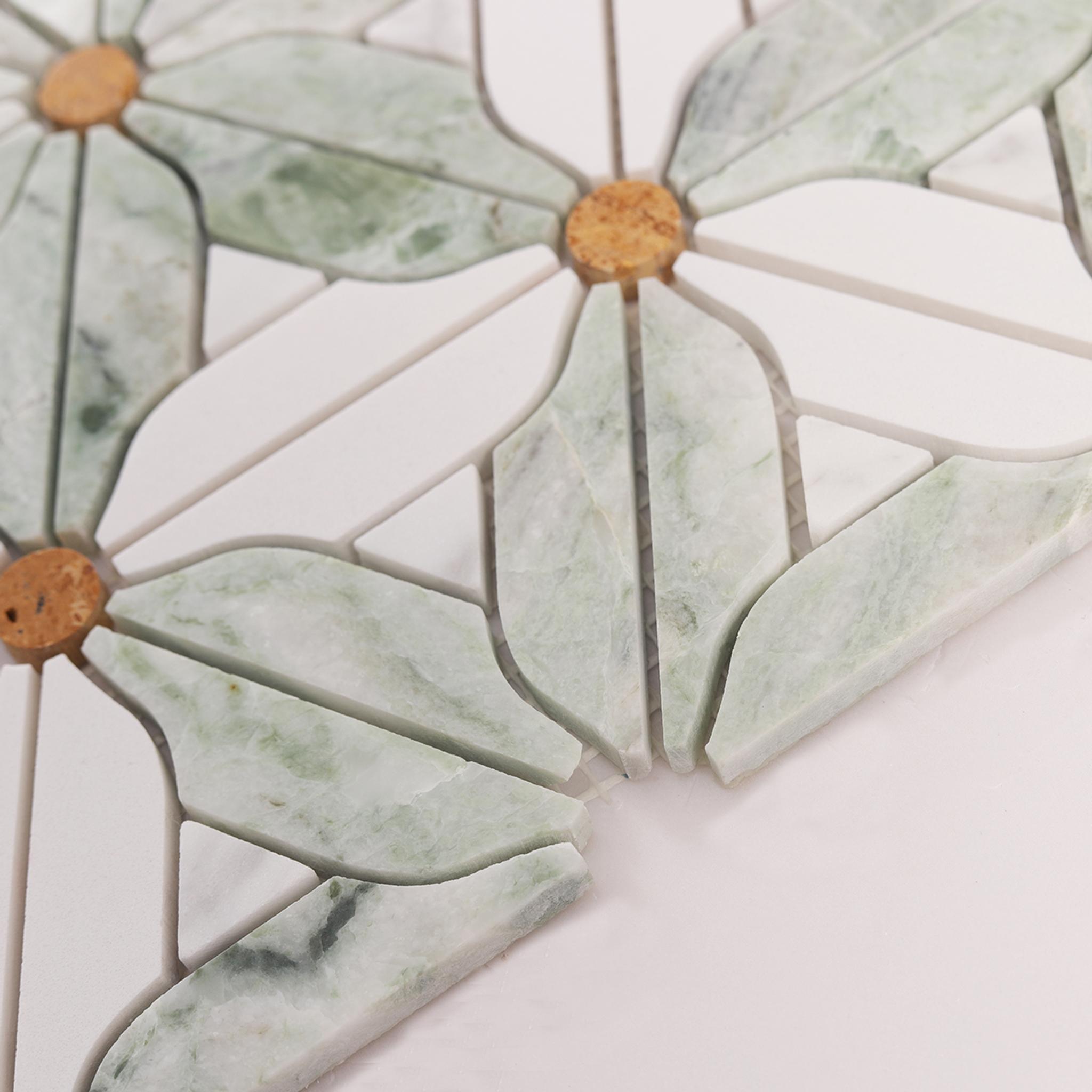 Ming Green and White Flower Marble Mosaic Tiles — mosaic hoa văn waterjet bằng đá marble trắng & xanh lục