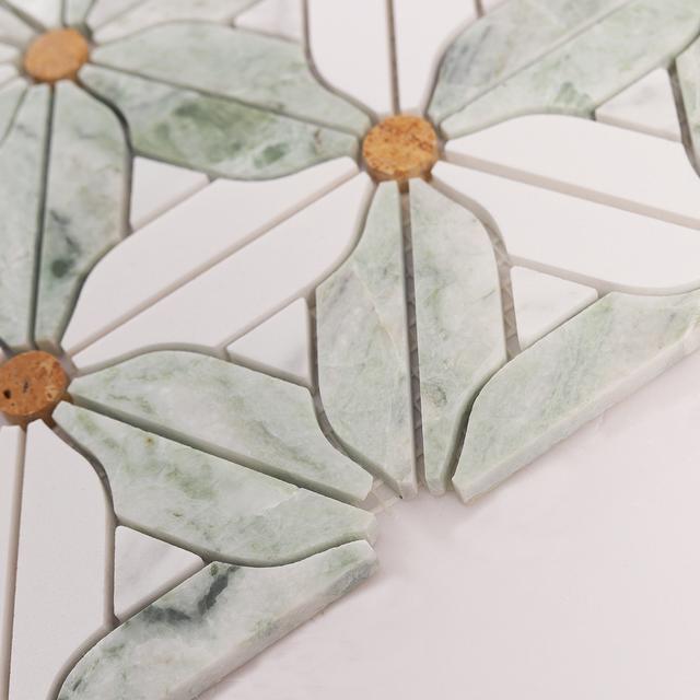 Ming Green and White Flower Marble Mosaic Tiles — mosaic hoa văn waterjet bằng đá marble trắng & xanh lục
