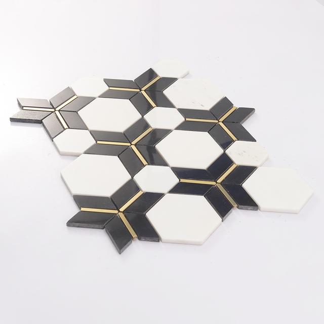 Black and White Hexagon Marble with Gold Accents — mosaic lục giác bằng đá marble đen & trắng điểm vàng