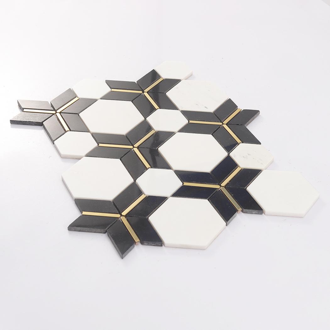 Black and White Hexagon Marble with Gold Accents — mosaic lục giác bằng đá marble đen & trắng điểm vàng