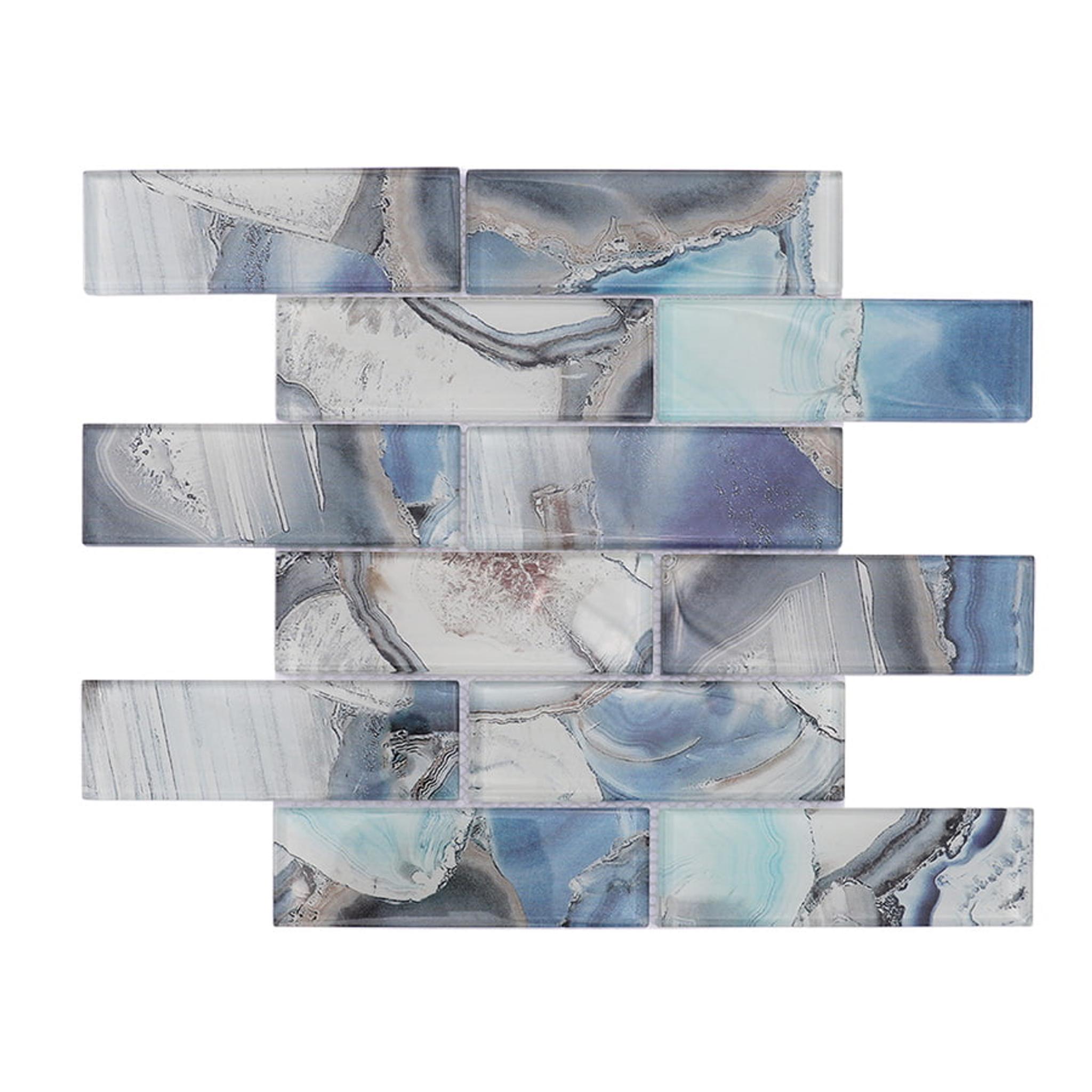 Blue Grey Rectangle Subway Onyx Glass Mosaic Tile — mosaic subway (gạch thẻ) bằng đá onyx xanh dương & xám