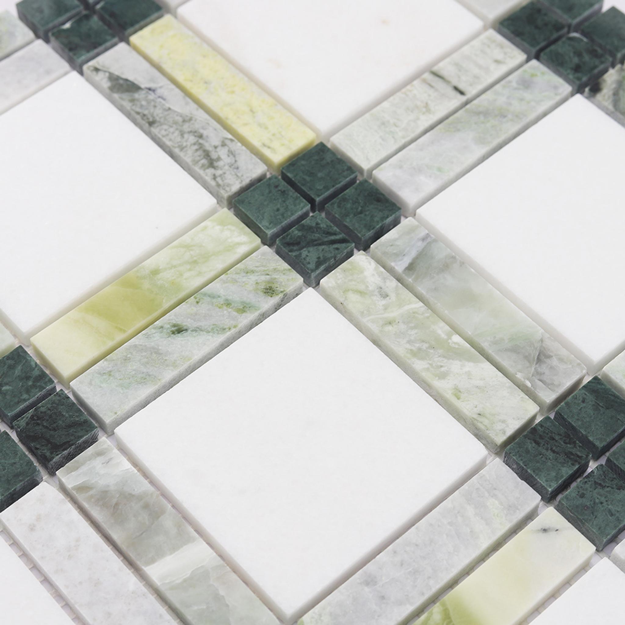 Plaid Marble Floor Mosaic Tile Green and White Wall — mosaic ghép nghệ thuật bằng đá marble trắng & xanh lục