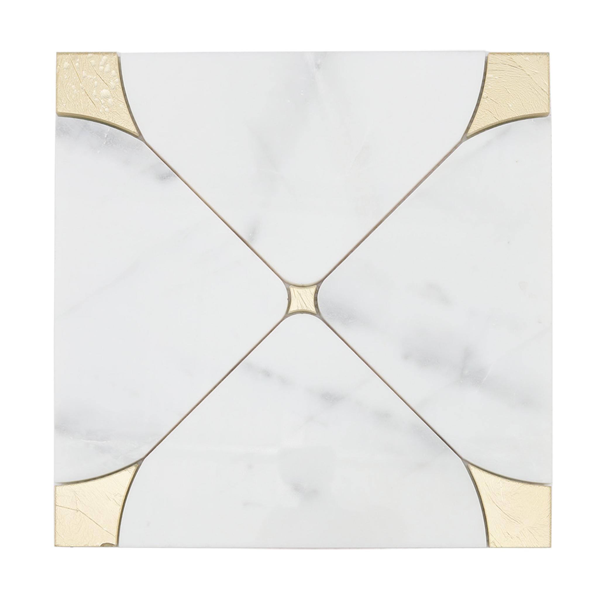 White Marble Gold Glass Waterjet Mosaic Backsplash Bathroom Tile — mosaic hoa văn waterjet bằng đá marble trắng & vàng