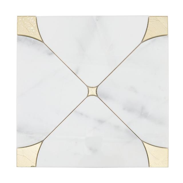 White Marble Gold Glass Waterjet Mosaic Backsplash Bathroom Tile — mosaic hoa văn waterjet bằng đá marble trắng & vàng