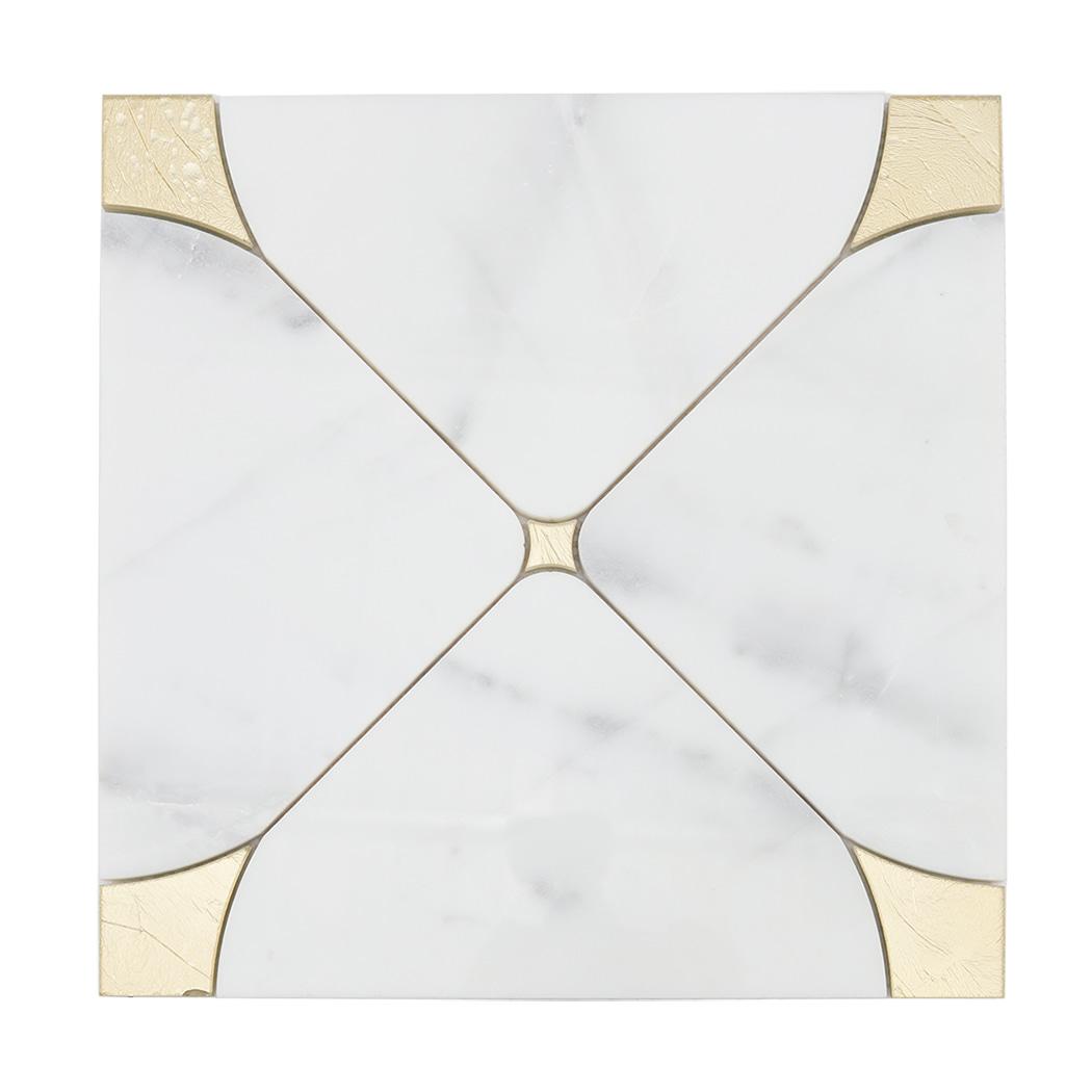 White Marble Gold Glass Waterjet Mosaic Backsplash Bathroom Tile — mosaic hoa văn waterjet bằng đá marble trắng & vàng