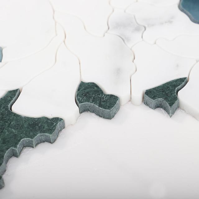 White and Green Floral Waterjet Marble Mosaic Tile — mosaic hoa văn waterjet bằng đá marble trắng & xanh lục