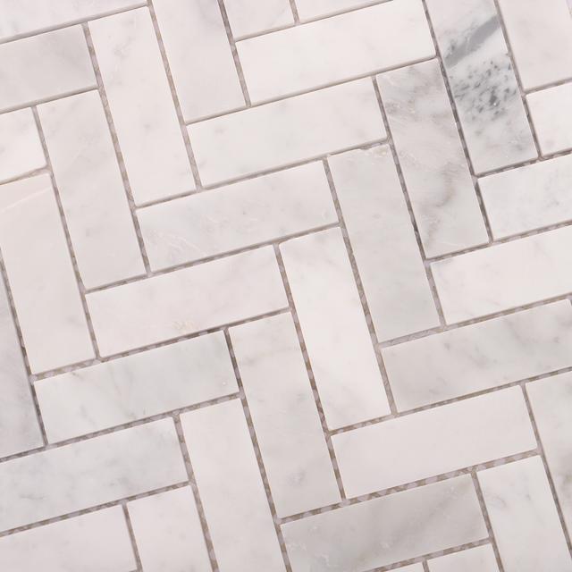 Bianco Carrara Herringbone Polished Marble Mosaic White  Tile — mosaic xương cá bằng đá marble trắng & trắng Carrara