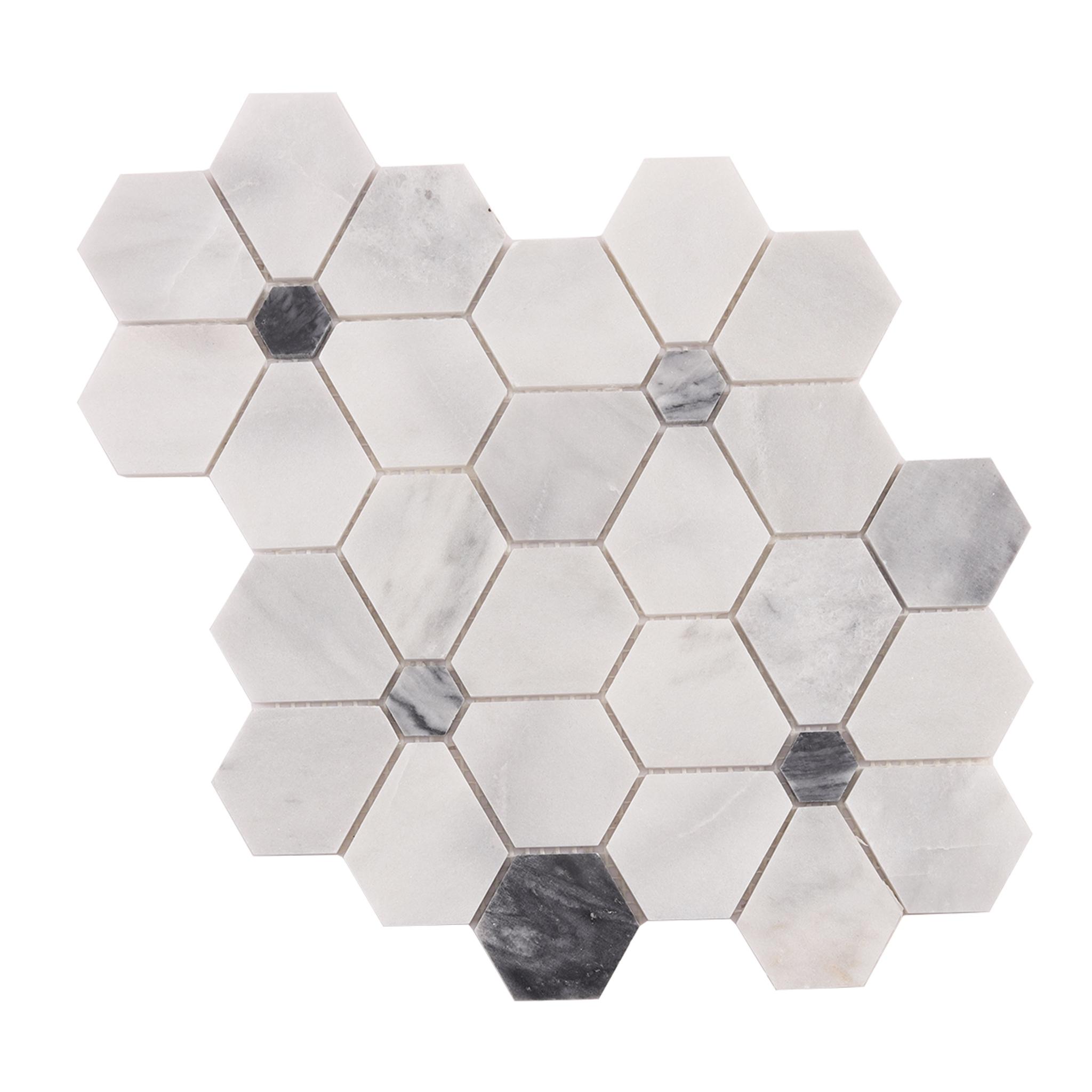 Carrara White Hexagon Flower Marble Mosaic Tiles — mosaic lục giác bằng đá marble trắng & trắng Carrara