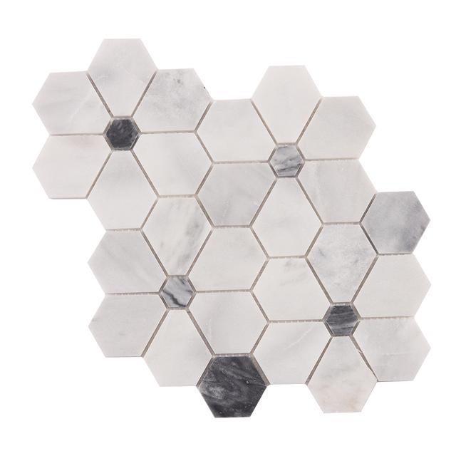 Carrara White Hexagon Flower Marble Mosaic Tâm Hoa Xám Than — Rochelle Rochelle Stone