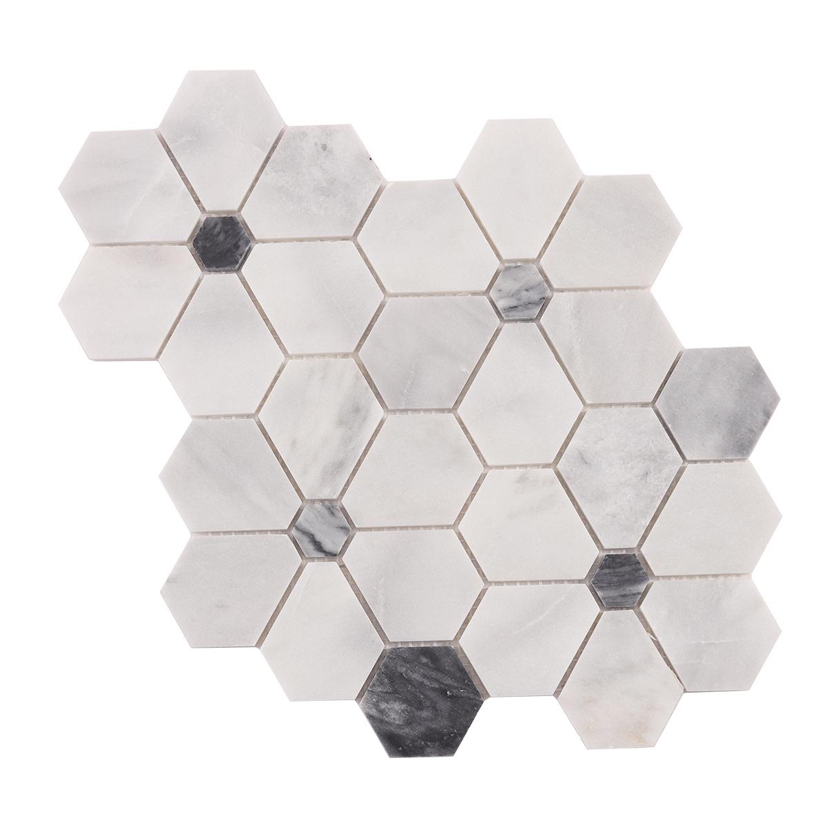 Carrara White Hexagon Flower Marble Mosaic Tiles — mosaic lục giác bằng đá marble trắng & trắng Carrara