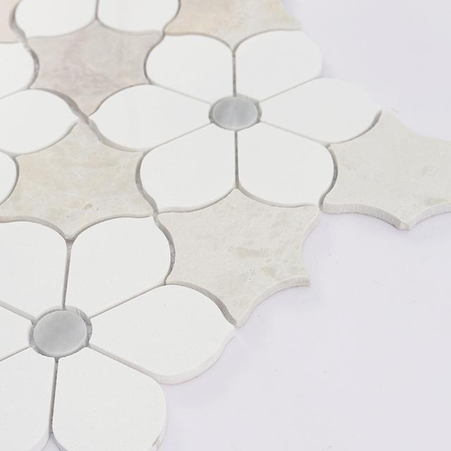 White Beige Floral Marble Mosaic Tile for Elegant Bathroom Walls — mosaic hoa văn waterjet bằng đá marble trắng & beige