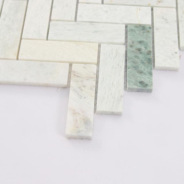 Green Herringbone Marble Floor Tile Wall Mosaic — mosaic xương cá bằng đá marble xanh lục