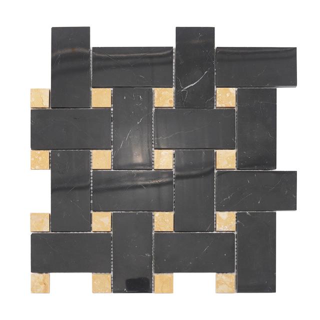Black Basketweave Marble Mosaic Tile with Gold Dot Accents — mosaic đan rổ (basketweave) bằng đá marble đen & vàng