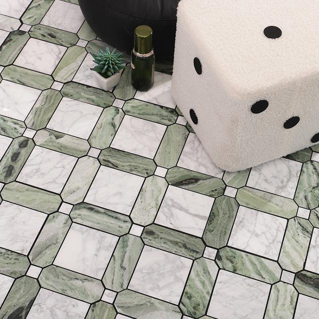 Carrara White and Green Geometric Pattern Marble Mosaic Tile — mosaic ghép nghệ thuật bằng đá marble trắng & xanh lục