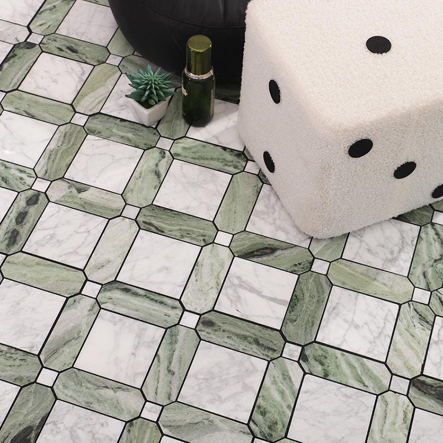 Carrara White and Green Geometric Pattern Marble Mosaic Tile — mosaic ghép nghệ thuật bằng đá marble trắng & xanh lục