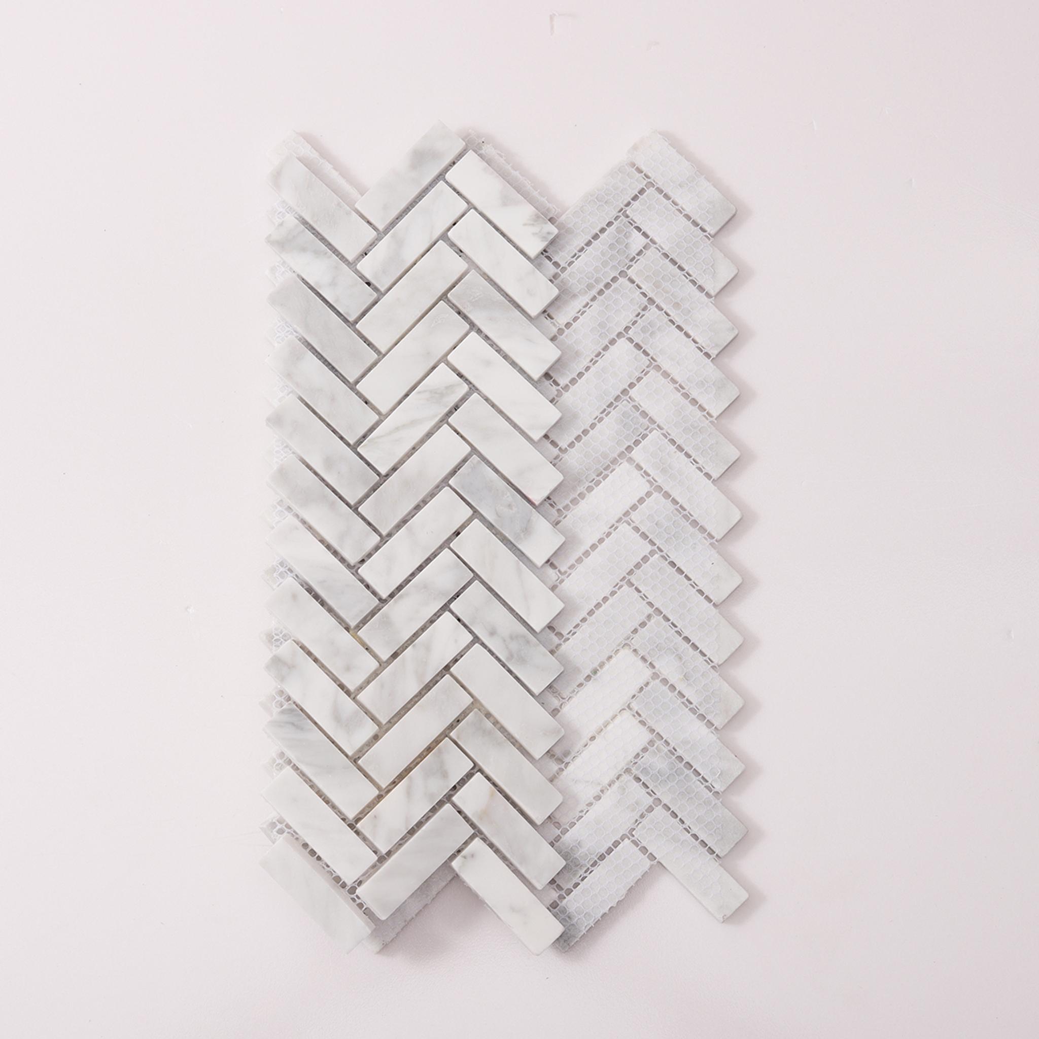 Carrara White Herringbone Polished Marble Mosaic — mosaic xương cá bằng đá marble trắng Carrara