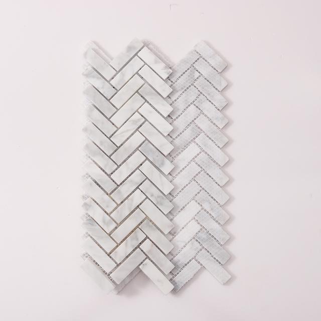 Carrara White Herringbone Polished Marble Mosaic — mosaic xương cá bằng đá marble trắng Carrara