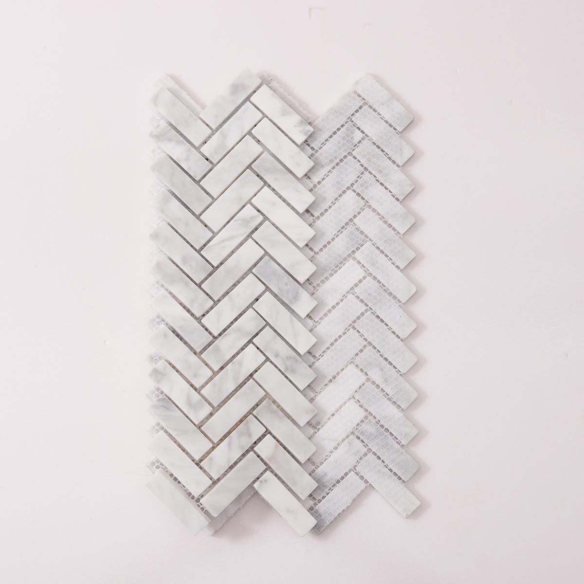 Carrara White Herringbone Polished Marble Mosaic — mosaic xương cá bằng đá marble trắng Carrara