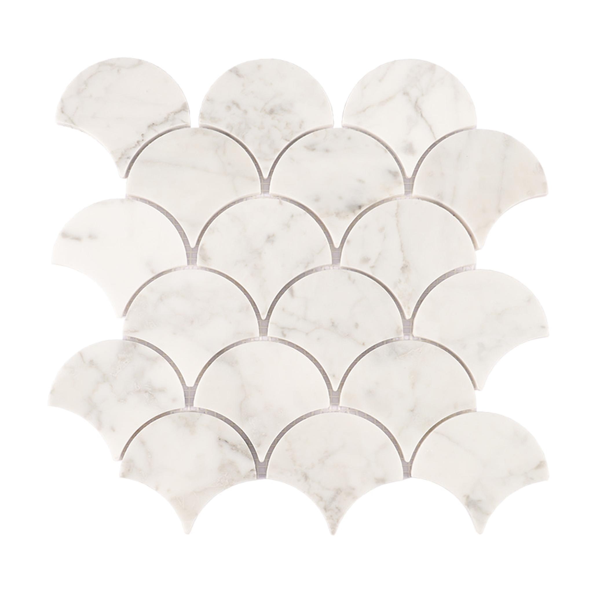 Carrara White Marble Fish Scale Mosaic Tile For Bathroom and Kitchen — mosaic vảy cá (fish scale) bằng đá marble trắng & trắng Carrara