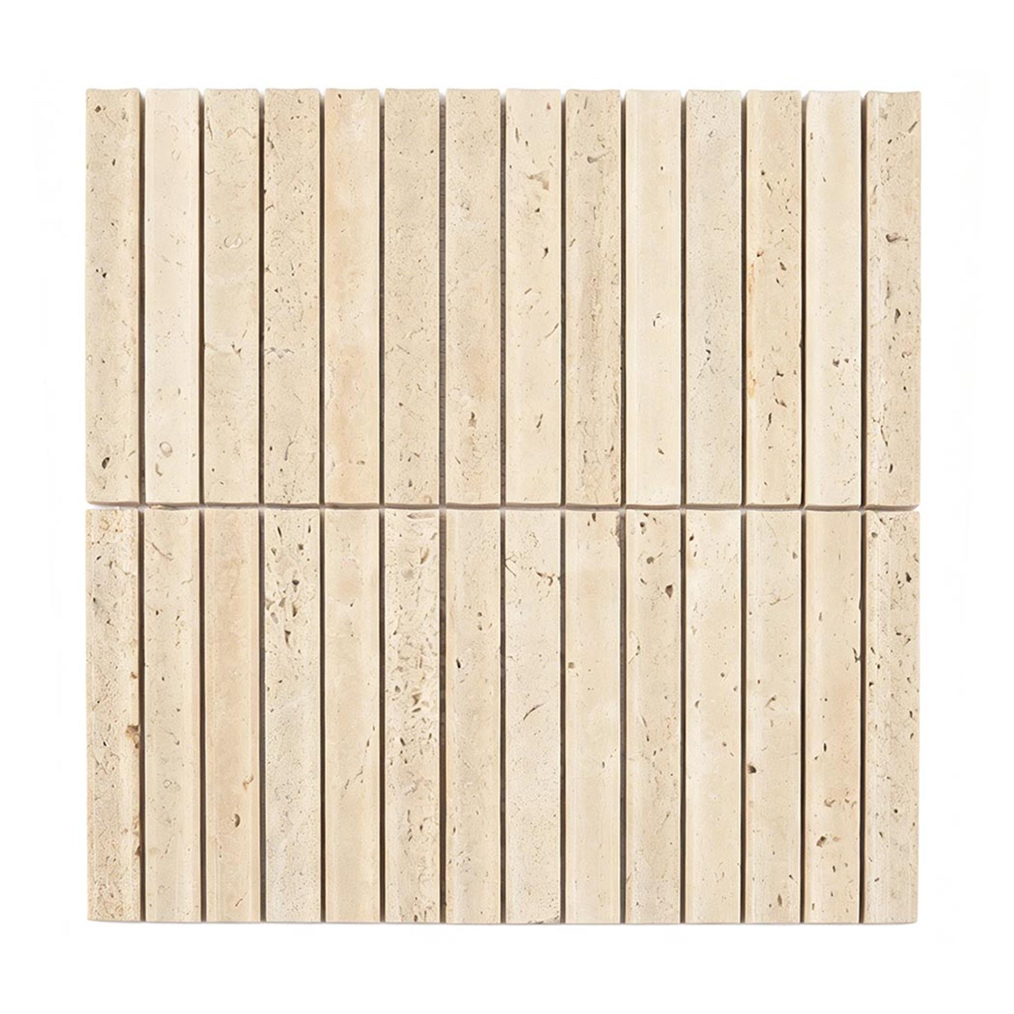 Beige Travertine Stacked Mosaic Curved Fluted Backsplash Tile — mosaic rãnh sọc (fluted) bằng đá travertine beige