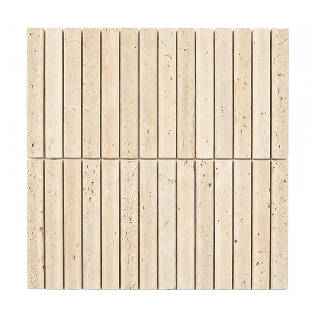 Beige Travertine Stacked Mosaic Curved Fluted Backsplash Tile — mosaic rãnh sọc (fluted) bằng đá travertine beige