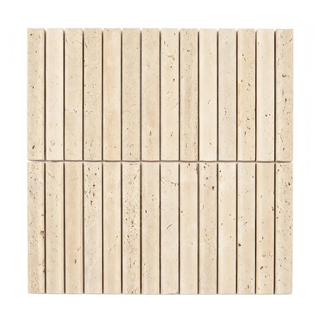 Beige Travertine Stacked Mosaic Curved Fluted Backsplash Tile — mosaic rãnh sọc (fluted) bằng đá travertine beige