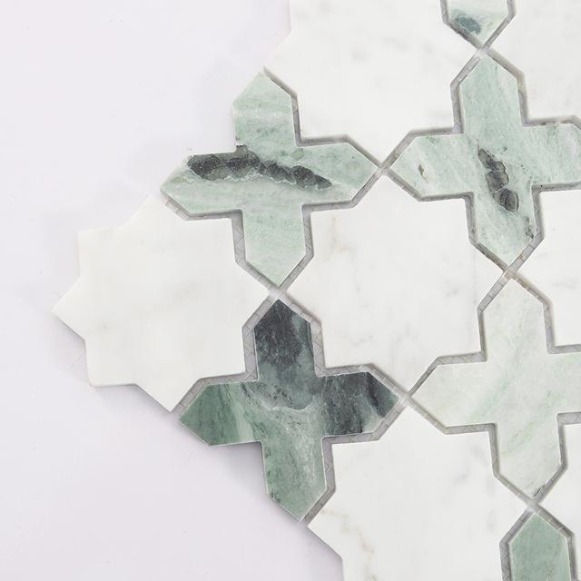 Geometria Marble Star Floor Tile White and Green Mosaic Wall — mosaic ghép nghệ thuật bằng đá marble trắng & xanh lục